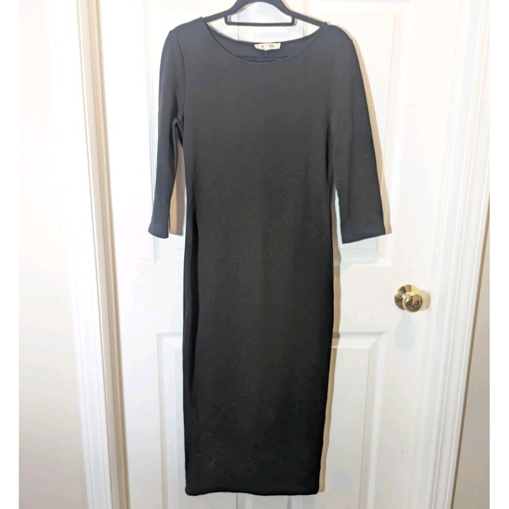 Quiet Luxury BB Dakota Black Rib Knit Midi Bodycon Dress Small Minimalist‎